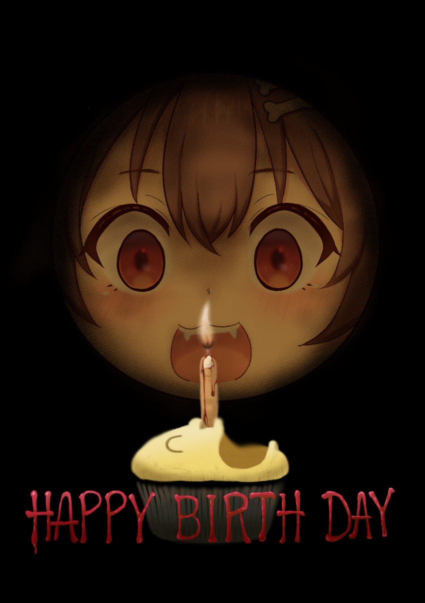 1girl :3 blood bone_hair_ornament brown_hair candle cupcake fangs food hair_ornament happy_birthday happy_death_day highres hololive inugami_korone listener_(inugami_korone) matarou_(matarou072) parody red_eyes severed_finger solo virtual_youtuber yubi_yubi_(inugami_korone)