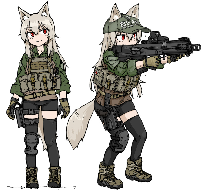 1girl 2022 aiming animal_ear_fluff animal_ears ash-12.7_(girls'_frontline) assault_rifle bangs closed_mouth dutchko escape_from_tarkov fox_ears fox_tail full_body gloves grey_hair gun hair_between_eyes hat highres holding holding_gun holding_weapon long_sleeves military multiple_views red_eyes rifle shoes shorts smile solo standing tail thighhighs weapon