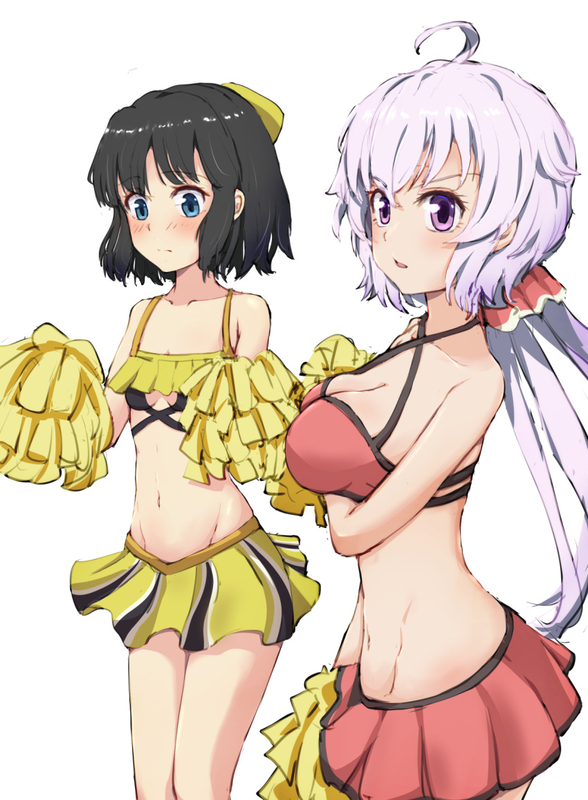 2girls ahoge bare_shoulders black_hair blue_eyes blush breasts cheerleader cleavage closed_mouth commentary_request groin highres kohinata_miku long_hair medium_breasts multiple_girls navel parted_lips pleated_skirt pom_pom_(cheerleading) purple_eyes purple_hair red_skirt senki_zesshou_symphogear simple_background skirt small_breasts standing suzunarisakuya very_long_hair white_background yellow_skirt yukine_chris