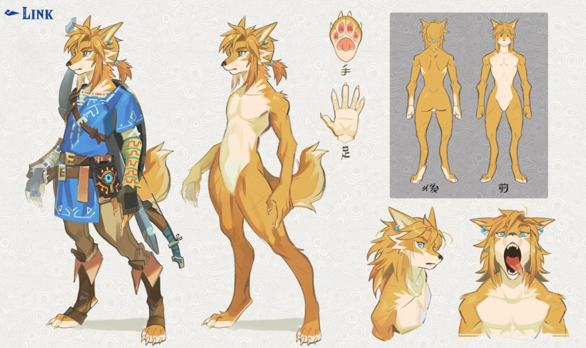 alternate_species anthro blonde_hair bow_(weapon) breath_of_the_wild canid canine clothing digitigrade ear_piercing ear_ring featureless_crotch fox hair link male mammal melee_weapon nintendo nude open_mouth piercing ponytail ranged_weapon ring_piercing solo sword the_legend_of_zelda tunic uzucake video_games weapon