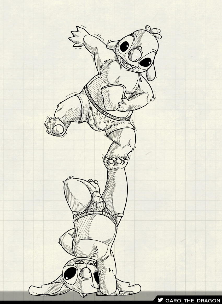 2022 absurd_res acrobatics alien anthro big_ears boxers_(clothing) bulge chubby_male clothing disney duo food garo_(artist) hand_on_back handstand hi_res jockstrap kinktober lilo_and_stitch looking_at_viewer looking_down male male/male monochrome motion_lines open_mouth pawpads paws plantigrade reuben_(lilo_and_stitch) sandwich_(food) shaded simple_background slightly_chubby smile smiling_at_viewer stitch_(lilo_and_stitch) teeth tongue underwear