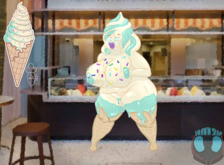 alternate_species aroused breast_squish breasts dessert dripping female food genitals hi_res human humanized humanoid ice_cream macyw mammal melting nipples overweight plump_labia puffy_lips puffy_nipples pussy sam2up solo sprinkles squish store sweets thick_thighs