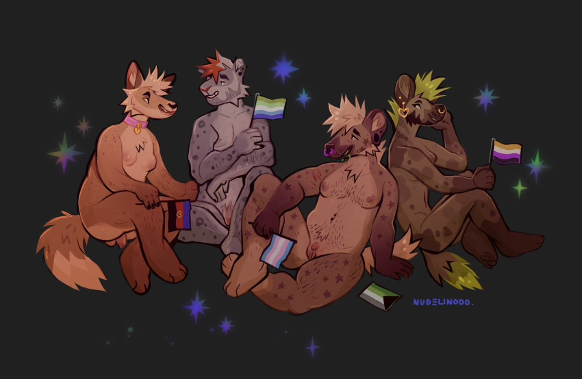 2022 andromorph anthro artist_name balls banan_zielony_(dudelinooo) barefoot beard blonde_hair body_hair brown_ears brown_inner_ear_fluff brown_tail canid canine cheek_tuft chest_hair chin_piercing chruscik_(dudelinooo) chubby_anthro chubby_male clitoris collar countershade_face countershade_fur countershade_torso countershading cynamon_(dudelinooo) demiromantic_pride_colors digital_media_(artwork) ear_piercing eyebrows facial_hair facial_piercing facial_tuft feet felid flag foreskin fox fur genitals girly goatee gofer_(dudelinooo) green_hair green_tail grey_background grey_body grey_fur grey_hair grin group hair hi_res highlights_(coloring) holding_flag holding_object humanoid_genitalia humanoid_penis hyaenid inner_ear_fluff intersex lgbt_pride light_body light_countershading looking_at_another male mammal mohawk moobs multicolored_hair nipples nonbinary_(lore) nonbinary_pride_colors nose_piercing nose_ring nude nudelinooo open_mouth pantherine penis piercing pink_collar pink_inner_ear polyamory_pride_colors pride_colors pubes pussy red_highlights ring_piercing simple_background sitting slightly_chubby smile snow_leopard sparkles spots spotted_body spotted_fur spotted_hyena star tail_tuft talking_to_another tan_body tan_countershading tan_fur tan_inner_ear_fluff trans_(lore) trans_man_(lore) transgender_pride_colors tuft two_tone_hair two_tone_tail vincian_pride_colors