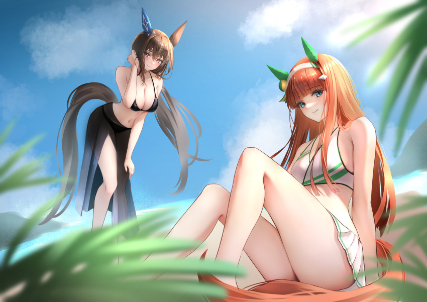 2girls absurdres admire_vega_(umamusume) animal_ears bangs bikini black_bikini blue_eyes blue_sky blunt_bangs blush breasts brown_hair closed_mouth cloud commentary_request day ear_covers hair_between_eyes hairband highres hikari_(hikaripauwa) horse_ears horse_girl horse_tail large_breasts legs long_hair looking_at_viewer medium_breasts midriff multiple_girls navel orange_hair outdoors red_eyes silence_suzuka_(umamusume) single_ear_cover sitting skirt sky smile standing swimsuit tail thighs umamusume white_hairband white_skirt