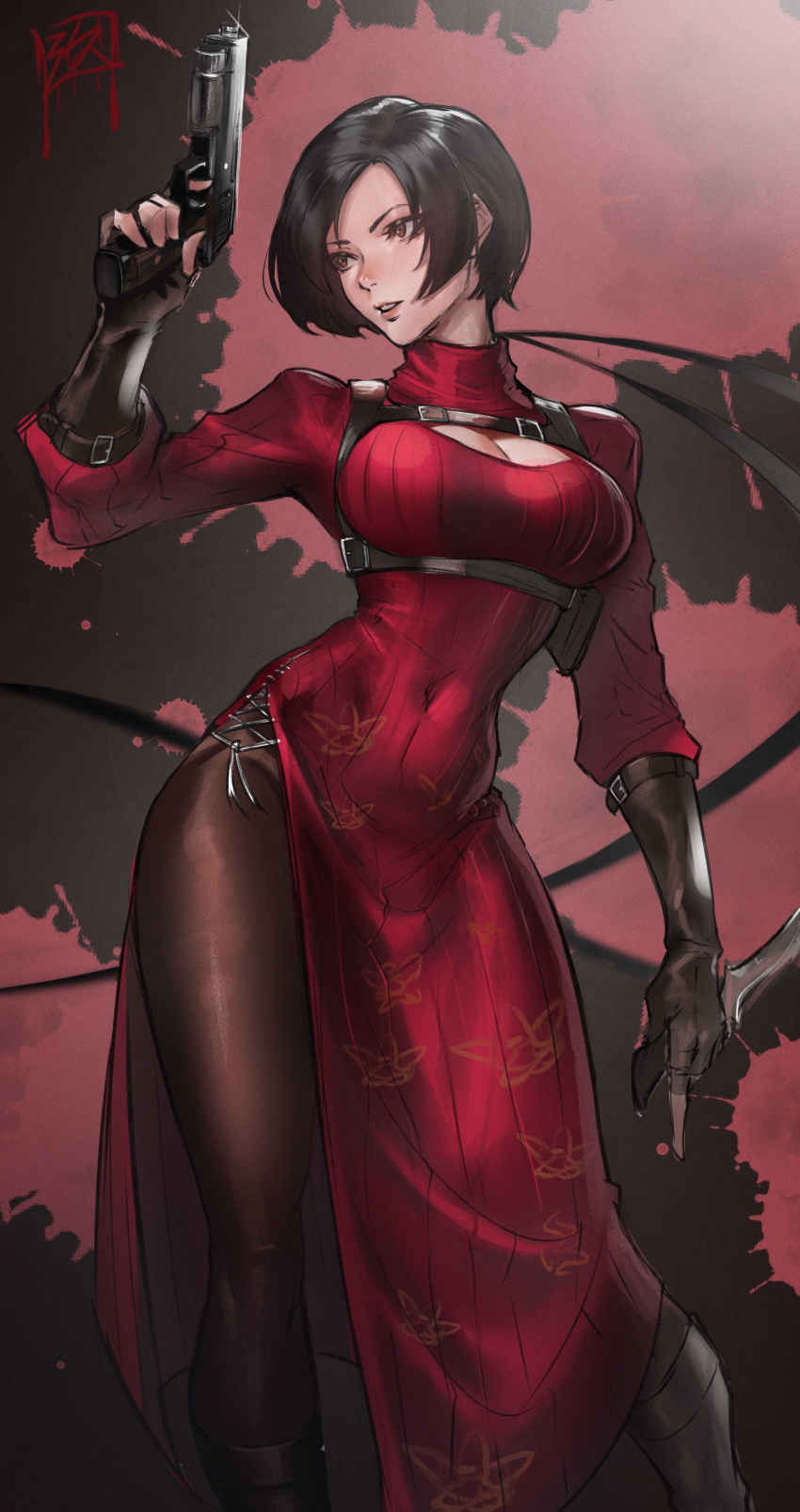 1girl absurdres ada_wong black_hair breasts brown_eyes china_dress chinese_clothes cleavage cleavage_cutout clothing_cutout contrapposto covered_navel dress dual_wielding feet_out_of_frame fingerless_gloves gloves gun handgun highres hip_vent holding knife kyuuakaku large_breasts long_sleeves looking_to_the_side narrow_waist nose pantyhose parted_lips red_dress resident_evil resident_evil_4 ribbed_dress short_hair solo turtleneck weapon wide_hips