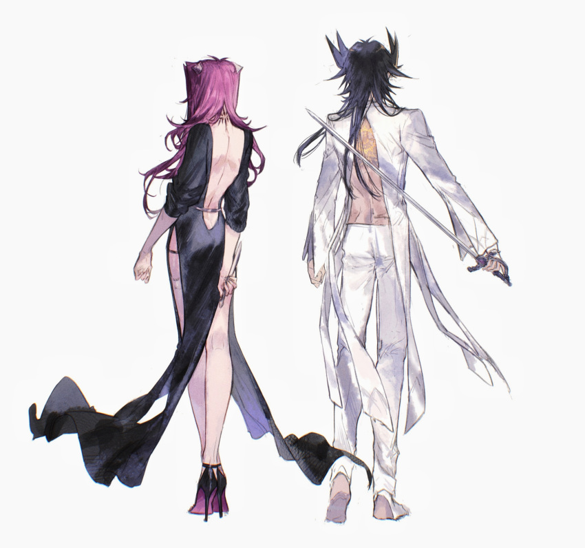 1boy 1girl absurdres alternate_costume alternate_hair_length alternate_hairstyle backless_dress backless_outfit bare_legs black_dress black_footwear black_hair dress floating_hair from_behind fudou_yuusei full_body high_heels highres holding holding_sword holding_weapon izayoi_aki knife long_hair long_sleeves naoki_(2rzmcaizerails6) pants red_hair shoulder_blades side_slit simple_background spiked_hair standing sword weapon white_background white_pants yu-gi-oh! yu-gi-oh!_5d's