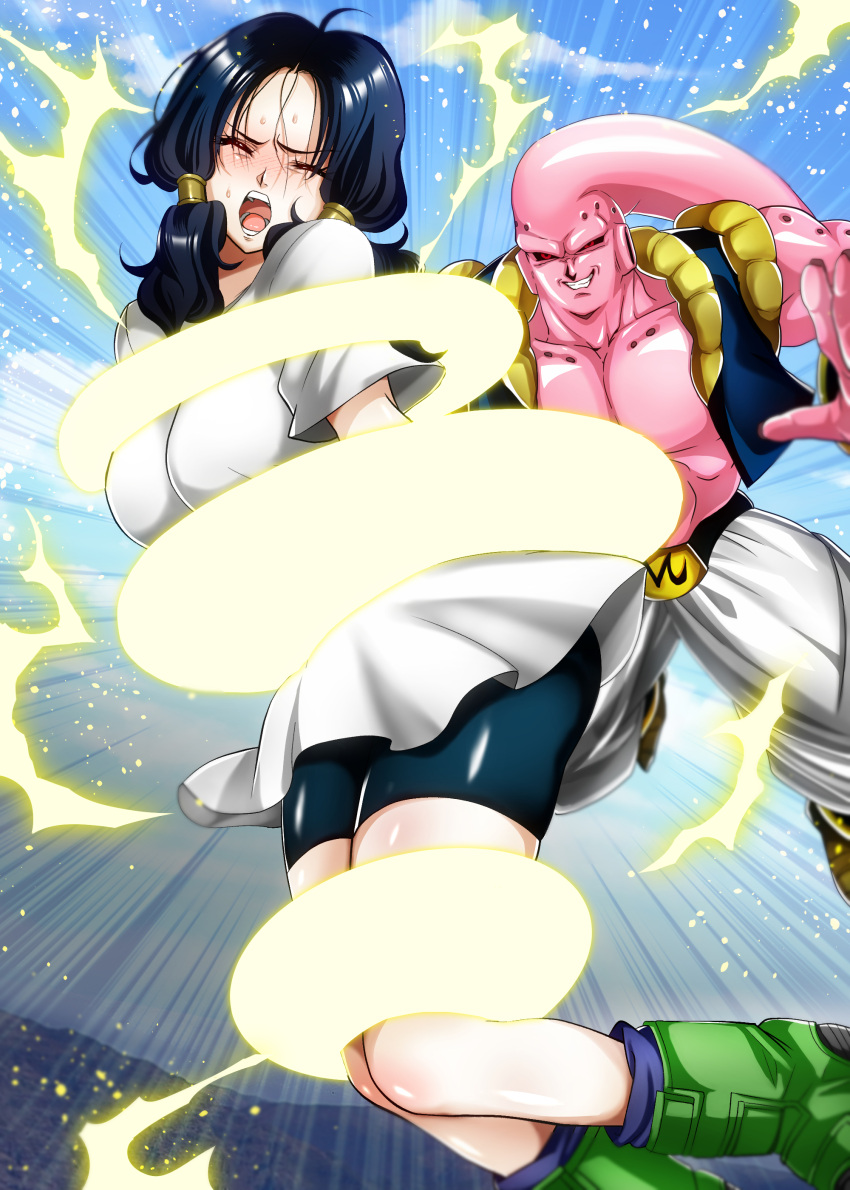 1boy 1girl absurdres baggy_pants bike_shorts black_hair black_sclera black_shorts blue_sky blush boots breasts closed_eyes colored_sclera colored_skin dragon_ball dragon_ball_z electricity facing_viewer floating galactic_donut green_footwear grin highres hmdark-9 low_twintails majin_buu metamoran_vest open_mouth pain pants pink_skin red_eyes restrained shirt short_sleeves short_twintails shorts sky smile super_buu sweat twintails videl white_pants white_shirt
