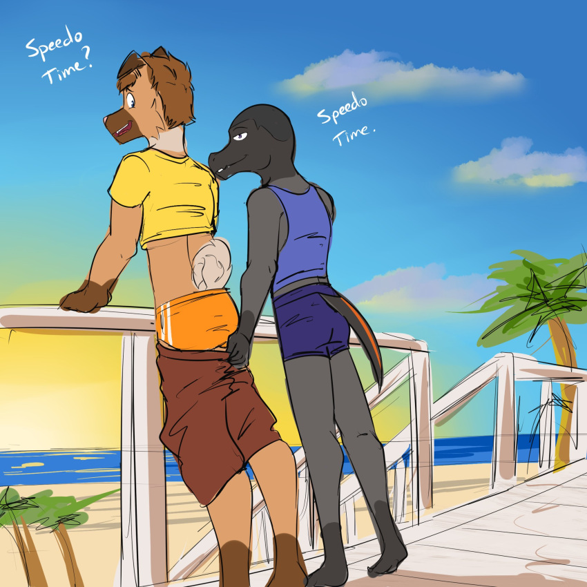 anthro anthrofied assisted_exposure barefoot beach bottomwear boxer_briefs clothed clothing colored_sketch crop_top dialogue duo english_text feet furgonomics fuze generation_7_pokemon hi_res leaning leaning_forward leaning_on_railing male male/male nintendo palm_tree partially_clothed plant pokemon pokemon_(species) pokemorph ricky_(fuze) rockruff salandit seaside shirt shorts shorts_down sketch slick_(fuze) speedo swimwear tank_top text topwear tree underwear video_games