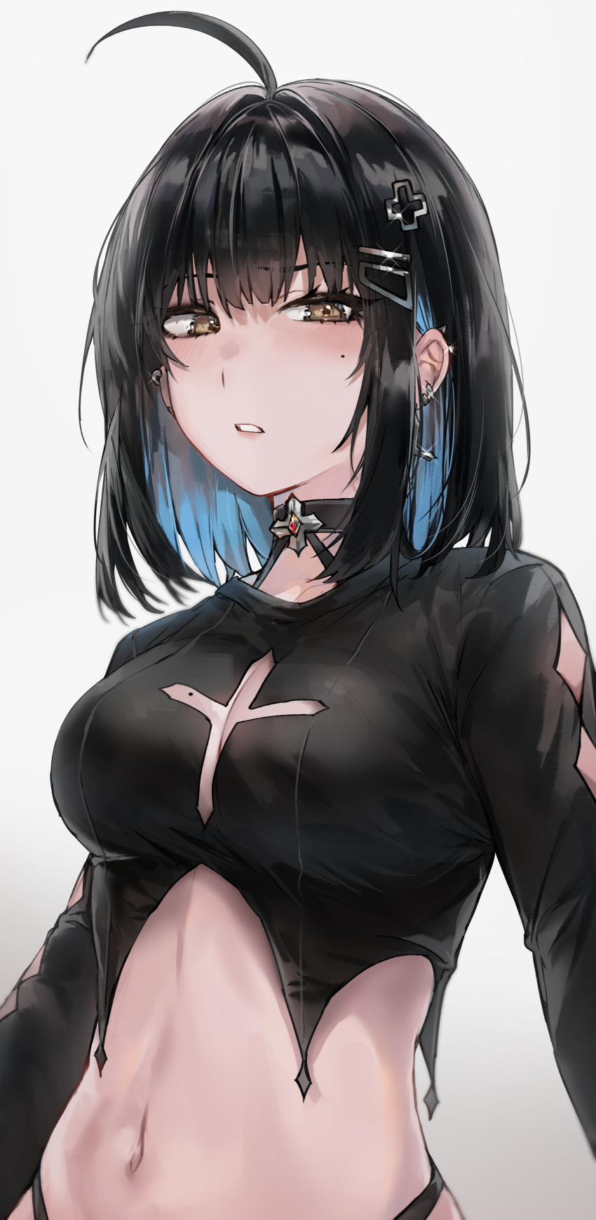 1girl absurdres ahoge black_choker black_hair black_shirt breasts brown_eyes choker cleavage cleavage_cutout clothing_cutout colored_inner_hair crop_top cross_cutout ear_piercing earrings gothic hair_ornament hairclip highleg highres irene_(kanniiepan) jewelry kanniiepan long_sleeves looking_at_viewer medium_breasts midriff mole mole_on_breast mole_under_eye multicolored_hair navel original parted_lips piercing shirt short_hair simple_background solo stomach two-tone_hair uneven_eyes upper_body white_background