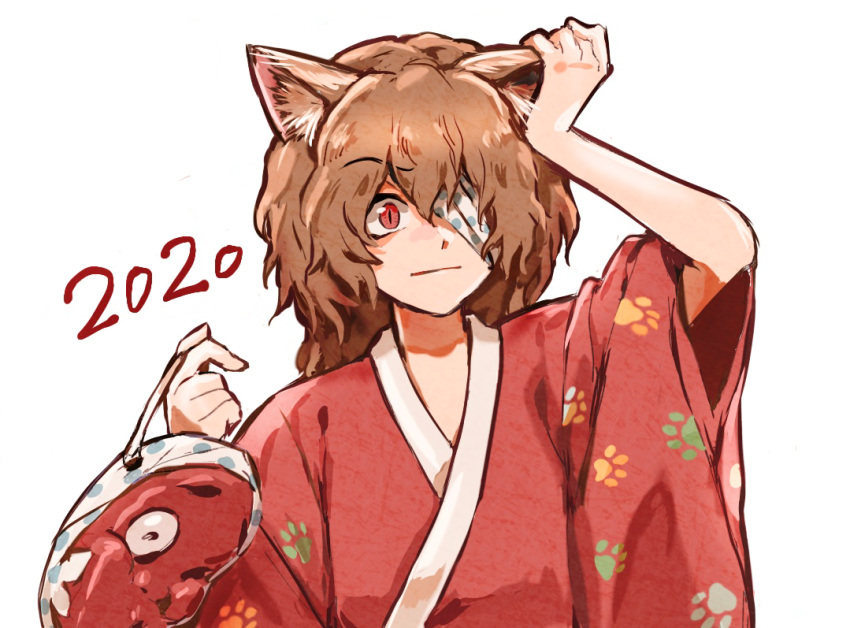 1other 2020 ametsukana_yago androgynous animal_ears bandage_over_one_eye brilliant_pagoda_or_haze_castle brown_hair cat_ears closed_mouth commentary_request hemo_(hemoroda) holding holding_mask japanese_clothes kemonomimi_mode kimono len'en long_hair mask paw_print red_eyes red_kimono simple_background slit_pupils solo upper_body white_background