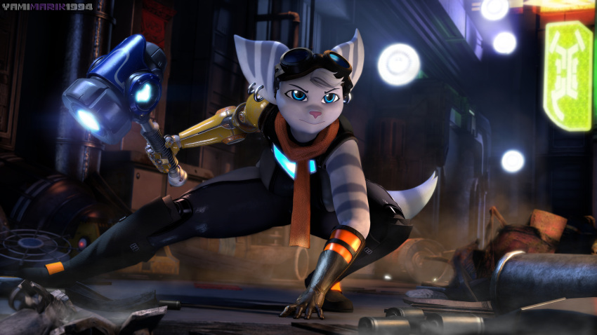 3d_(artwork) 4k absurd_res anthro blue_eyes boots clothed clothing digital_media_(artwork) ear_piercing ear_ring eyewear female fog footwear fur gloves glowing goggles hammer handwear head_tuft hi_res holding_object holding_weapon kneeling lights lombax long_ears looking_away looking_up machine mammal melee_weapon multicolored_body multicolored_fur neon_lights neon_sign outside piercing pink_nose pipe poster prosthetic prosthetic_arm prosthetic_limb purple_body ratchet_and_clank ring_piercing rivet_(ratchet_and_clank) scarf science_fiction sign solo sony_corporation sony_interactive_entertainment source_filmmaker striped_body striped_fur stripes tools tuft two_tone_body two_tone_fur video_games wanted_poster weapon yamimarik1994
