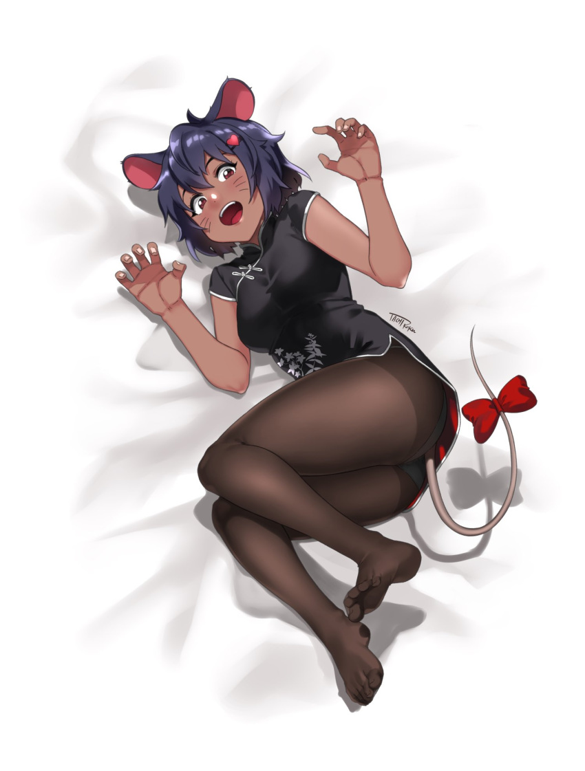 1girl :d animal_ears black_dress blue_hair blush bow brown_pantyhose china_dress chinese_clothes claw_pose commission dark-skinned_female dark_skin dress facial_mark fingernails hair_ornament hands_up heart heart_hair_ornament highres indie_virtual_youtuber looking_at_viewer lying medium_hair mouse_ears mouse_tail nail_polish no_shoes on_back open_mouth pantyhose red_bow red_eyes signature skeb_commission smile solo tachibana_roku tail tail_bow tail_ornament virtual_youtuber whisker_markings white_nails