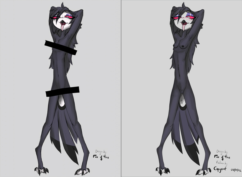 above_head anthro avian beak bird black_body black_feathers black_hair c0pycat_(artist) edit feathers female flat_chested fox_of_tacs hair helluva_boss hi_res humanoid long_hair lookin_at_viewer nude octavia_(helluva_boss) open_mouth owl owl_demon pose redraw seductive simple_background small_waist solo solo_focus talons tongue tongue_out uncensored white_eyes