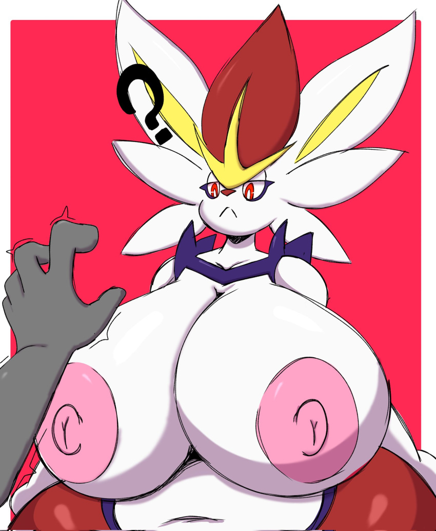 2022 4_fingers :&lt; ambiguous_gender anthro areola arthurclaws belly big_breasts big_ears blue_body blue_fur border breasts cheek_tuft cinderace confusion duo eyelashes facial_tuft female fingers fur generation_8_pokemon glistening glistening_body grey_body half-closed_eyes head_tuft hi_res huge_breasts long_ears multicolored_body multicolored_fur narrowed_eyes navel nintendo nipples offscreen_character pink_areola pink_nipples pokemon pokemon_(species) question_mark red_background red_body red_eyes red_fur red_nose shaded simple_background sketch thick_thighs tuft twitching video_games white_body white_border white_fur