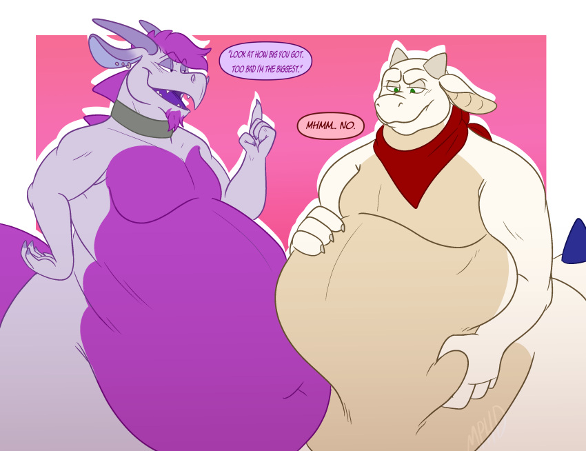 absurd_res anthro belly belly_expansion belly_grab big_(disambiguation) bump chunky comparing competition dragon drake_(disambiguation) duo expansion hi_res kobold macro male missingphd moobs obese overweight scarf slightly_chubby vore