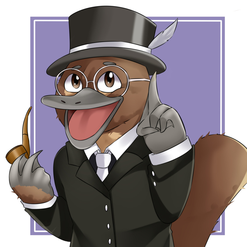 absurdres animal borrowed_character brown_eyes cape formal furry glasses hat highres holding holding_smoking_pipe magic non-web_source original peppy_the_platypus_(apeppyplatypus) platypus pointing smile smoking_pipe suit tail top_hat webbed_feet webbed_hands