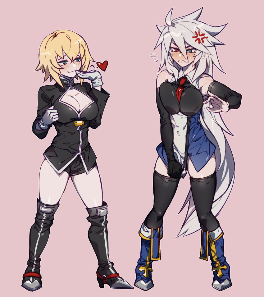 2girls absurdres ahoge anger_vein blazblue blonde_hair blush boots breast_cutout breasts cleavage commentary covered_nipples detached_sleeves flying_sweatdrops full_body galadysp genderswap genderswap_(mtf) gloves green_eyes grey_background grey_hair hair_between_eyes heart heterochromia high_heel_boots high_heels highres jin_kisaragi large_breasts long_hair long_sleeves looking_at_another multiple_girls necktie ragna_the_bloodedge red_eyes short_hair shorts simple_background skindentation smug standing thighhighs very_long_hair