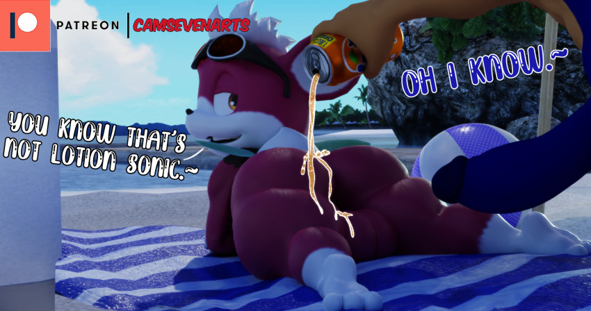 3d_(artwork) anthro backsack ball balls beach beach_ball beach_towel bedroom_eyes beverage beverage_can big_butt blue_body blue_fur butt camseven chip_(sonic) digital_media_(artwork) duo english_text erection eulipotyphlan food food_fetish food_on_butt food_play fur genitals girly hair hedgehog hi_res inflatable looking_back lying male male/male mammal mixed_media narrowed_eyes on_front outside public public_exposure rear_view red_body red_fur seaside seductive sega size_difference smile soda sonic_the_hedgehog sonic_the_hedgehog_(series) sonic_unleashed teapot_(body_type) text thick_thighs towel umbrella unknown_species watermark white_hair wide_hips wings