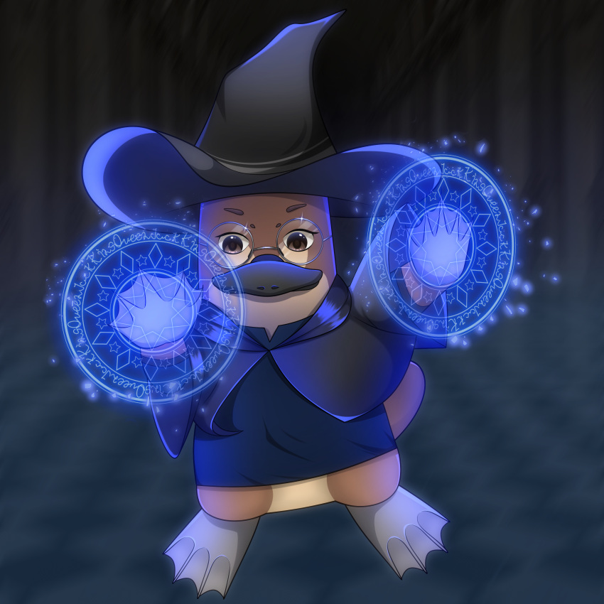 absurdres animal borrowed_character brown_eyes furry glasses hat highres magic non-web_source original peppy_the_platypus_(apeppyplatypus) platypus spell tail webbed_feet webbed_hands wizard wizard_hat