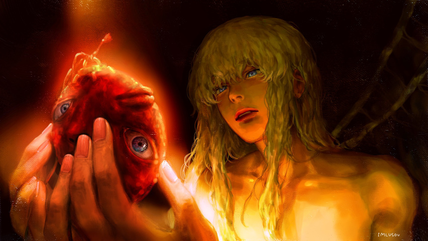 1boy absurdres androgynous artist_name behelit berserk blue_eyes commentary english_commentary griffith_(berserk) highres holding holding_jewelry holding_necklace imlusou jewelry long_hair looking_at_object looking_at_viewer male_focus necklace nude parted_lips realistic solo wavy_hair white_hair