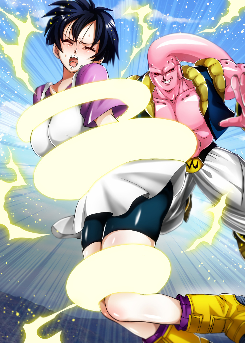 1boy 1girl absurdres baggy_pants bike_shorts black_hair black_sclera black_shorts blue_sky blush boots closed_eyes colored_sclera colored_skin dragon_ball dragon_ball_z electricity facing_viewer floating galactic_donut grin highres hmdark-9 majin_buu metamoran_vest open_mouth pain pants pink_skin purple_shirt red_eyes restrained shirt short_hair short_sleeves shorts sky smile super_buu sweat videl white_pants yellow_footwear