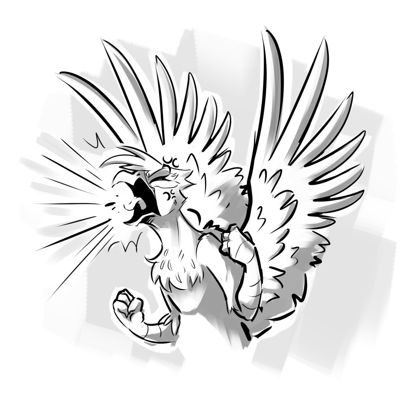 angry avian beak chest_tuft cross-popping_vein eyes_closed feathered_wings feathers female feral fist friendship_is_magic gilda_(mlp) greyscale gryphon hasbro head_tuft hi_res monochrome my_little_pony mythological_avian mythology open_mouth sketchtablet spread_wings tongue tongue_out tuft wings yelling
