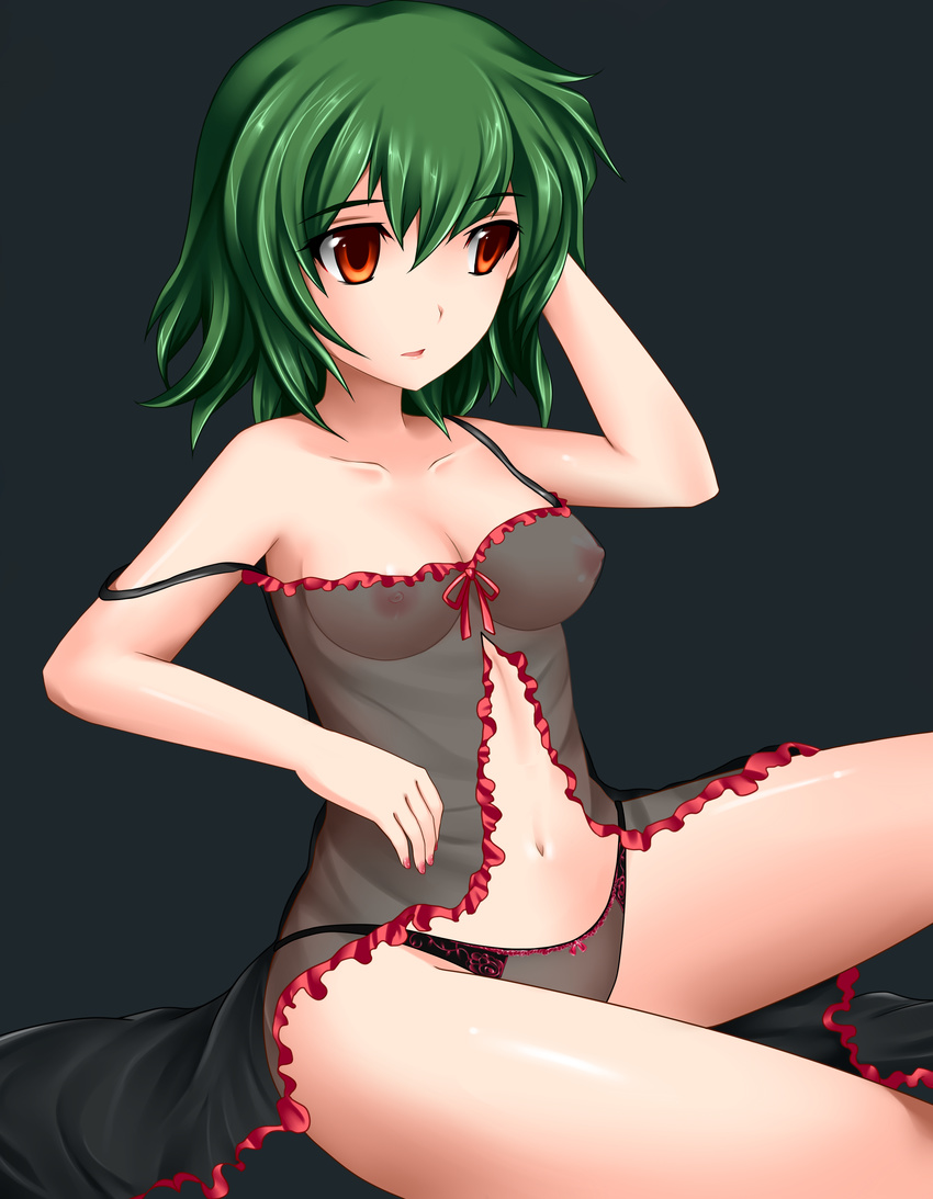 absurdres bad_id bad_pixiv_id breasts green_hair highres kazami_yuuka medium_breasts nipples panties red_eyes see-through short_hair solo touhou underwear yoshimo