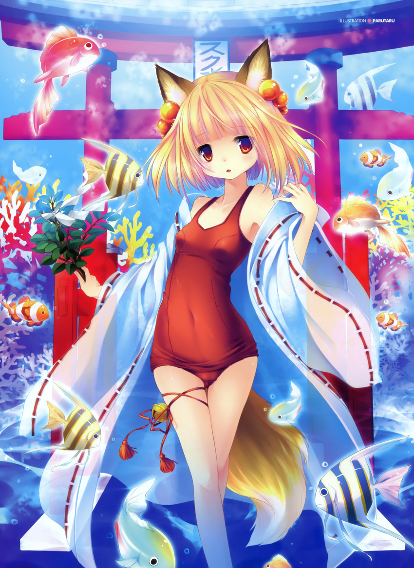 absurdres alternate_color_school_swimsuit animal_ears blonde_hair brown_eyes fish fox_ears highres japanese_clothes miko one-piece_swimsuit open_clothes original parutaru red_swimsuit school_swimsuit short_hair solo swimsuit swimsuit_under_clothes tail torii underwater water