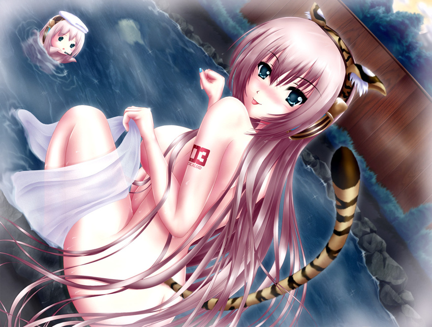 animal_ears blue_eyes blue_nails blush breasts kemonomimi_mode large_breasts long_hair megurine_luka nail_polish nohoho_(kakikonchi) nude onsen paw_pose pink_hair sitting solo tail takoluka tiger_ears tiger_tail tongue towel vocaloid water