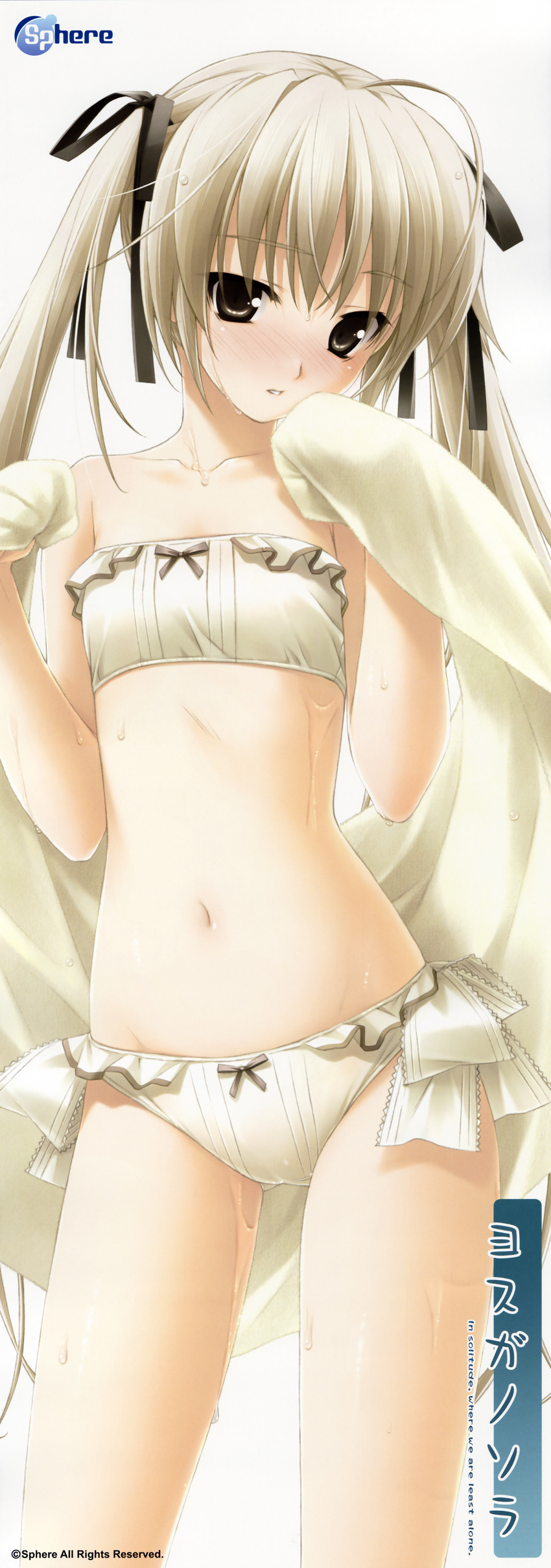 absurdres bikini blonde_hair blush brown_eyes flat_chest frilled_bikini frills hashimoto_takashi highres incredibly_absurdres kasugano_sora long_hair long_image navel side-tie_bikini solo stick_poster swimsuit tall_image towel twintails wet yosuga_no_sora