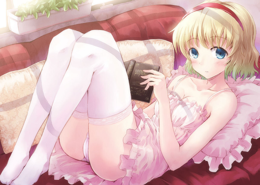 alice_margatroid blonde_hair blue_eyes book couch hairband hyuuga_azuri panties pantyshot solo thighhighs touhou underwear white_legwear