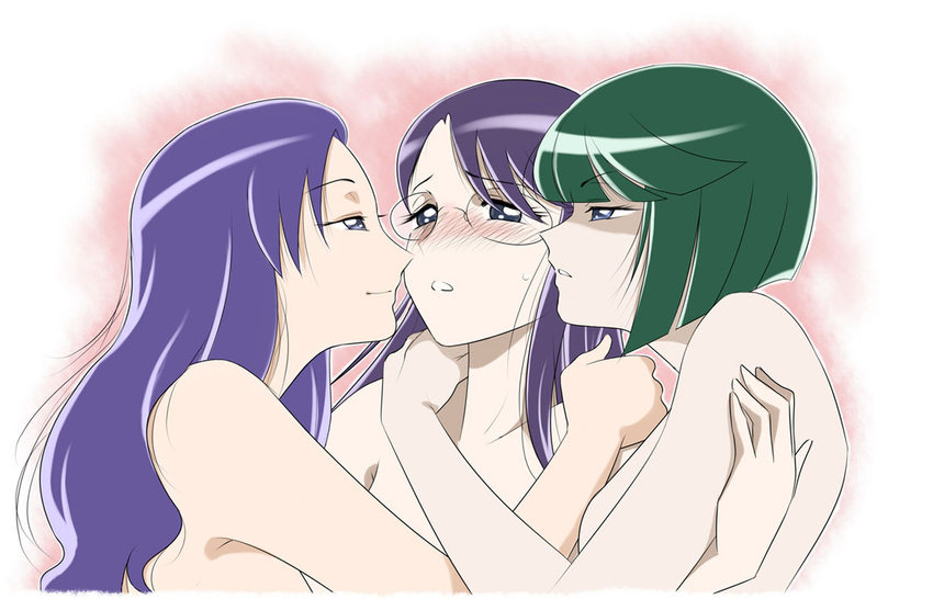 blue_eyes blush dark_precure eyelashes glasses green_hair heartcatch_precure! kurumi_momoka long_hair magical_girl multiple_girls nude precure sabachiyo_land short_hair topless tsukikage_yuri yuri