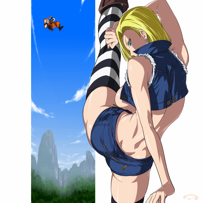 1girl android_18 back bare_shoulders blonde_hair blood breasts day denim denim_shorts dimples_of_venus dragon_ball dragon_ball_z earrings flexible forest highres jewelry kicking kuririn large_breasts legs mountain nature no_bra no_panties no_shirt open_mouth short_shorts shorts sideboob sky split standing standing_on_one_leg standing_split striped striped_legwear suna thighhighs zipper