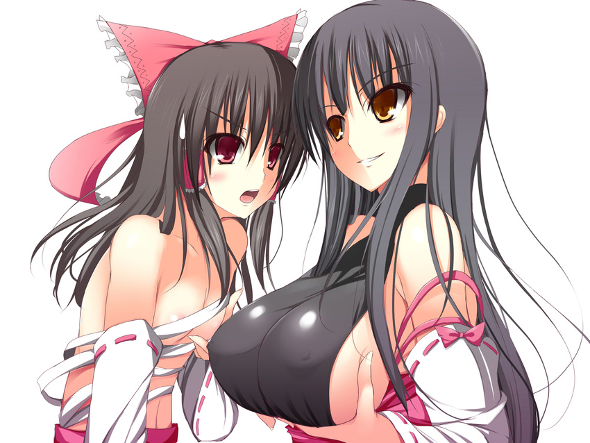 areolae bad_id bad_pixiv_id banned_artist bare_shoulders blush breast_envy breasts brown_eyes brown_hair detached_sleeves flat_chest grin hakurei_reimu highres huge_breasts m.u.g.e.n multiple_girls original red_eyes sarashi sendai_hakurei_no_miko shikano_sumiaki smile touhou yellow_eyes