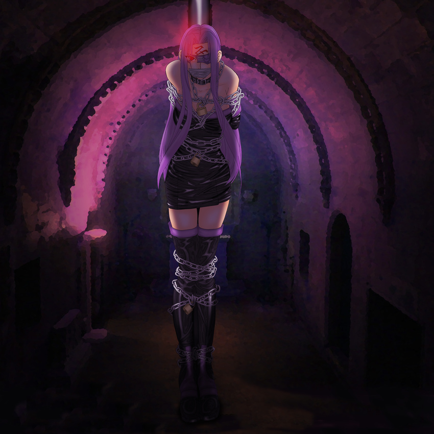 absurdres bdsm blindfold bondage bound breasts chain chiezou fate/stay_night fate_(series) gag gagged glowing glowing_eye highres improvised_gag large_breasts long_hair purple_hair red_eyes rider solo tape tape_gag thighhighs