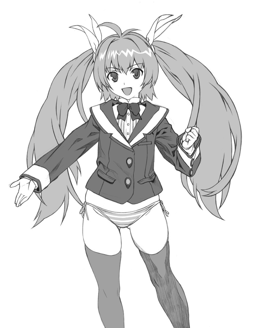 blazer copyright_request greyscale highres jacket kei_(bekei) monochrome no_pants panties ribbon solo striped striped_panties thighhighs twintails underwear