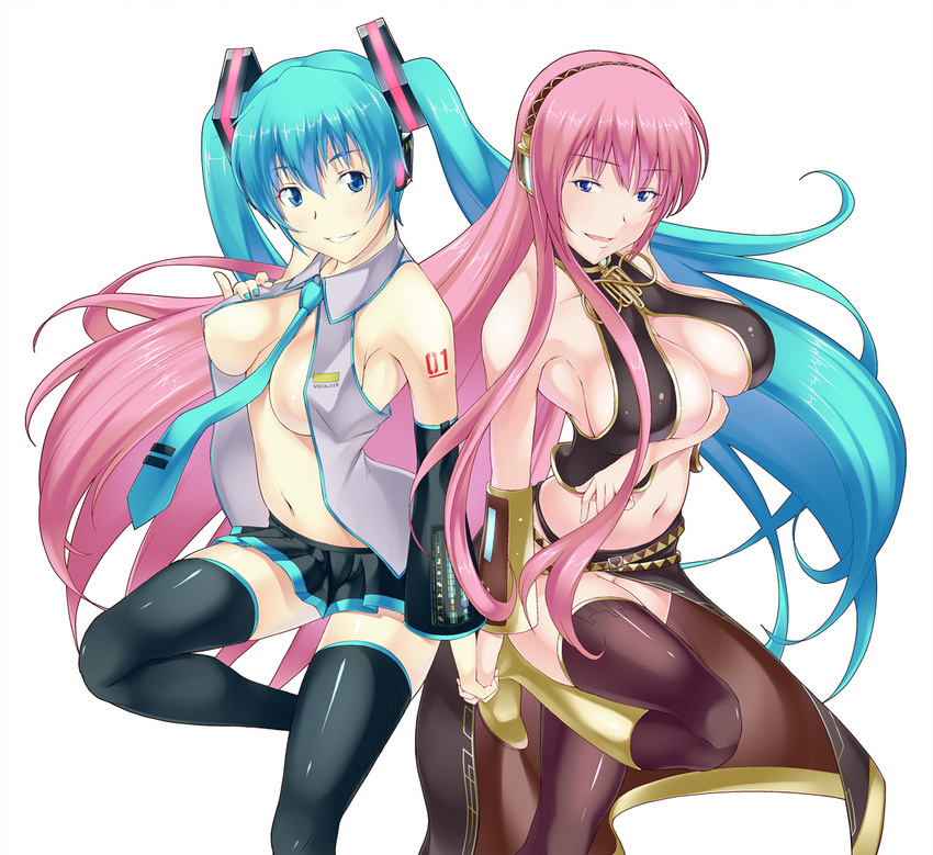 aqua_eyes aqua_hair asa_(xametaler) bad_id bad_pixiv_id blue_eyes boots breasts cleavage detached_sleeves hatsune_miku headphones holding_hands large_breasts long_hair megurine_luka multiple_girls navel necktie pink_hair pinky_out skirt smile thighhighs twintails vocaloid zettai_ryouiki
