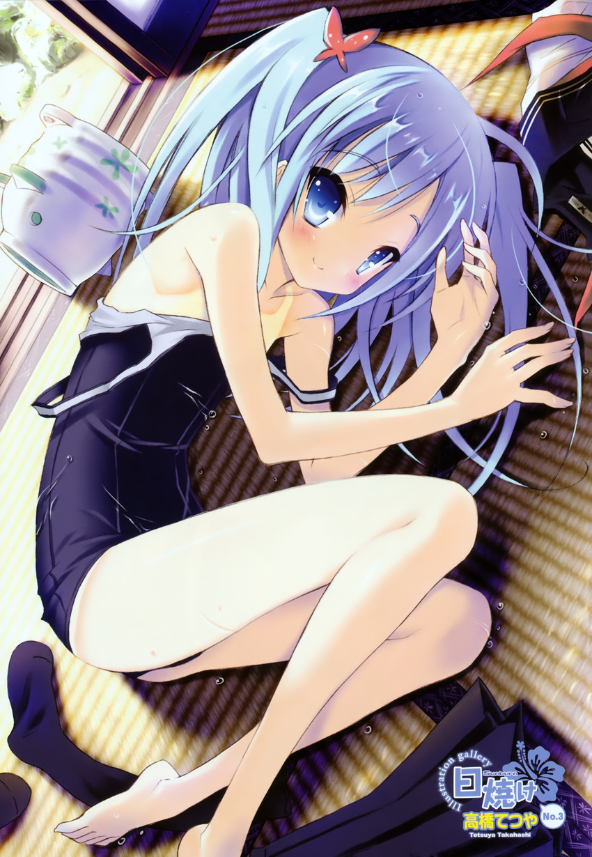 absurdres artist_name bare_shoulders barefoot blue_eyes blue_hair blush clothes clothes_on_floor dutch_angle face feet fetal_position flat_chest hair_ornament hairpin hands highres kayari_buta long_hair looking_at_viewer lying no_nose on_side one-piece_swimsuit one-piece_tan original plantar_flexion school_swimsuit school_uniform skinny skirt smile socks socks_removed solo swimsuit swimsuit_pull takahashi_tetsuya tan tanline tatami twintails wet