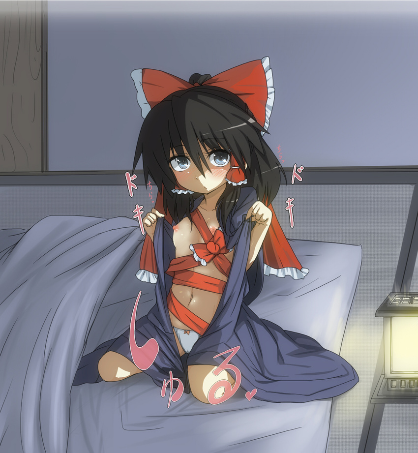black_hair blue_eyes blush bow breasts commentary_request hair_bow hakurei_reimu highres loggy nipples panties short_hair small_breasts solo touhou underwear