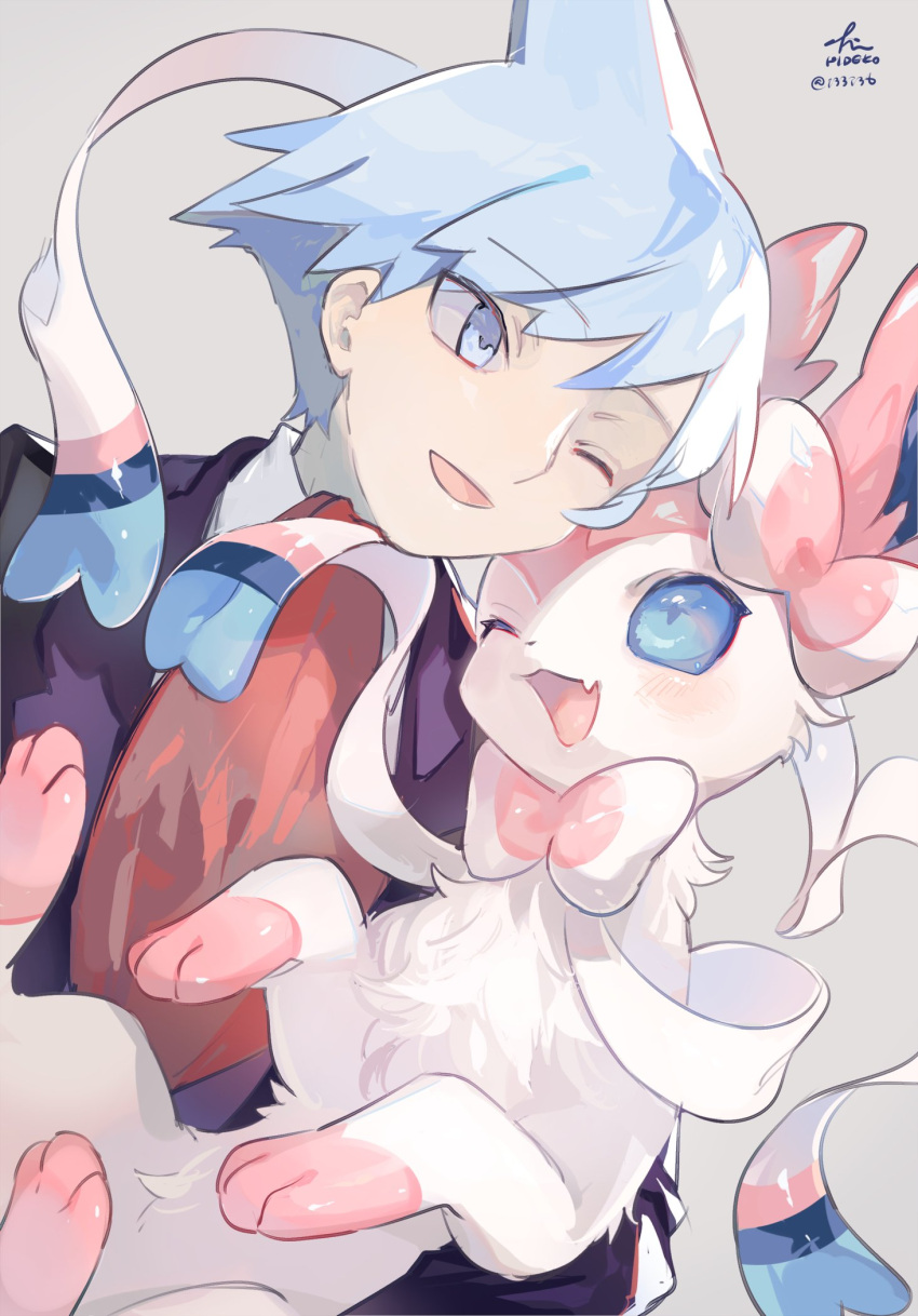 1boy 2022 artist_name bangs blue_eyes blue_hair collared_shirt head_rub hideko_(l33l3b) highres long_sleeves necktie one_eye_closed open_mouth pokemon red_necktie shirt short_hair simple_background smile steven_stone sylveon white_shirt