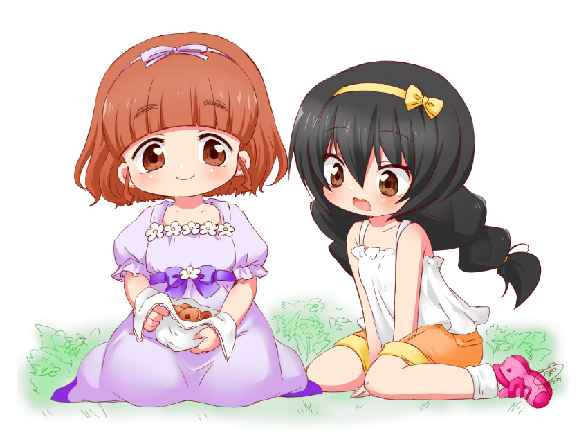 2girls aged_down artist_name bangs black_hair blunt_bangs bob_cut braid brown_eyes camisole closed_mouth commentary cookie dress food frilled_sleeves frills girls_und_panzer grass hair_ribbon hair_tie handkerchief highres holding long_hair looking_at_another low_twin_braids low_twintails medium_dress multiple_girls on_ground open_mouth orange_eyes orange_hair orange_shorts pink_footwear puffy_short_sleeves puffy_sleeves purple_dress purple_ribbon putipuni reizei_mako ribbon shoes short_hair short_sleeves shorts side-by-side signature sitting smile socks takebe_saori twin_braids twintails v_arms wariza white_background white_camisole white_socks yellow_ribbon