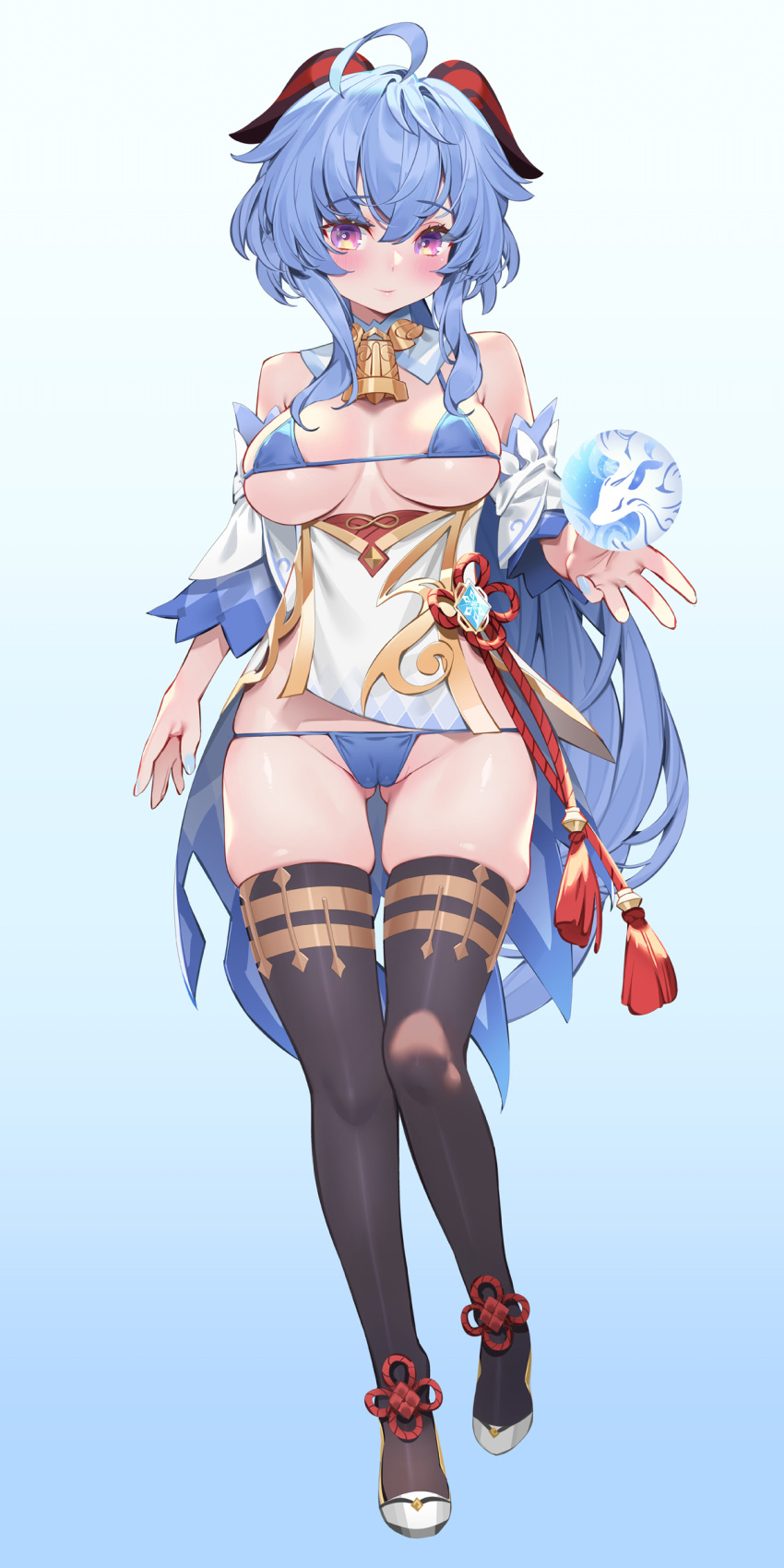 1girl absurdres ahoge ankle_rope ass_visible_through_thighs bell bikini black_thighhighs blonde_hair blue_bikini blue_nails blush breasts breasts_apart cameltoe closed_mouth cowbell detached_collar detached_sleeves flower_knot full_body ganyu_(genshin_impact) genshin_impact goat_horns hair_between_eyes highres horns large_breasts long_hair looking_at_viewer micro_bikini orb outstretched_arm simple_background skindentation smile solo swimsuit thighhighs waterring white_footwear white_sleeves