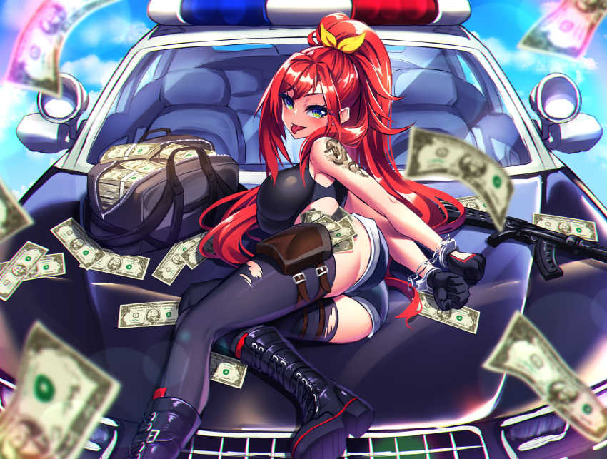 1girl absurdres ass assault_rifle black_footwear black_gloves black_shirt black_thighhighs blush boots breasts car clenched_hands commission cropped_shirt cuffs denim denim_shorts dollar_bill elly_(vtuber) gloves green_eyes ground_vehicle gun hair_ribbon handcuffs head_tilt highres indie_virtual_youtuber large_breasts long_hair lying motor_vehicle on_vehicle police_car ponytail red_hair ribbon rifle samael_(5211) shirt short_shorts shorts skeb_commission sleeveless sleeveless_shirt solo thighhighs tongue tongue_out torn_thighhighs virtual_youtuber weapon yellow_ribbon