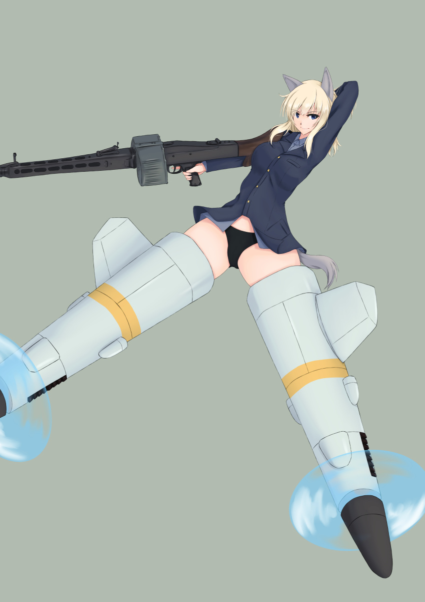 1girl absurdres animal_ears arm_behind_head black_panties blonde_hair blue_eyes blue_jacket breast_pocket buttons dog_ears drum_magazine english_commentary grey_background gun highres isosceles_triangle_(xyzxyzxyz) jacket long_hair looking_at_viewer machine_gun magazine_(weapon) mg34 original panties pocket sidelocks smile solo spread_legs striker_unit thighs trigger_discipline underwear very_long_hair weapon world_witches_series