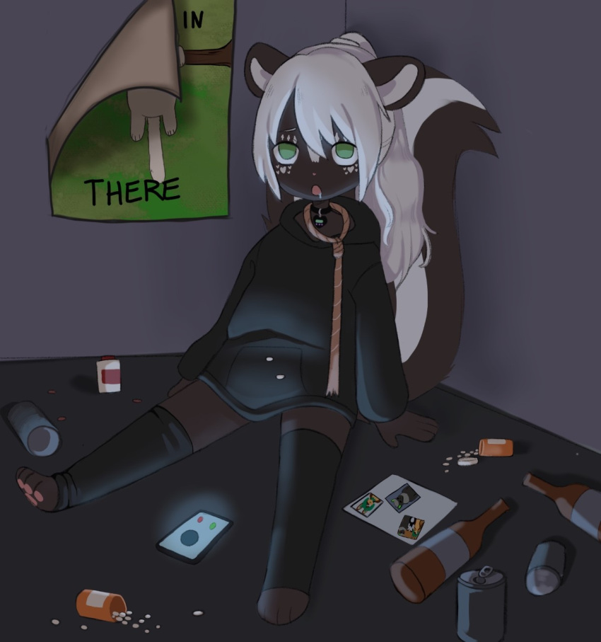 alcohol anthro beverage bodily_fluids bunmaruart_(artist) chibi clothing dead_eyes drool_on_face drooling drugs dying empty_bottle green_eyes hair hang_in_there hi_res hoodie legwear limp mae_peppermint male mammal mephitid noose overdose pawpads paws pills ponytail saliva skunk solo tamagotchi thigh_highs topwear white_hair