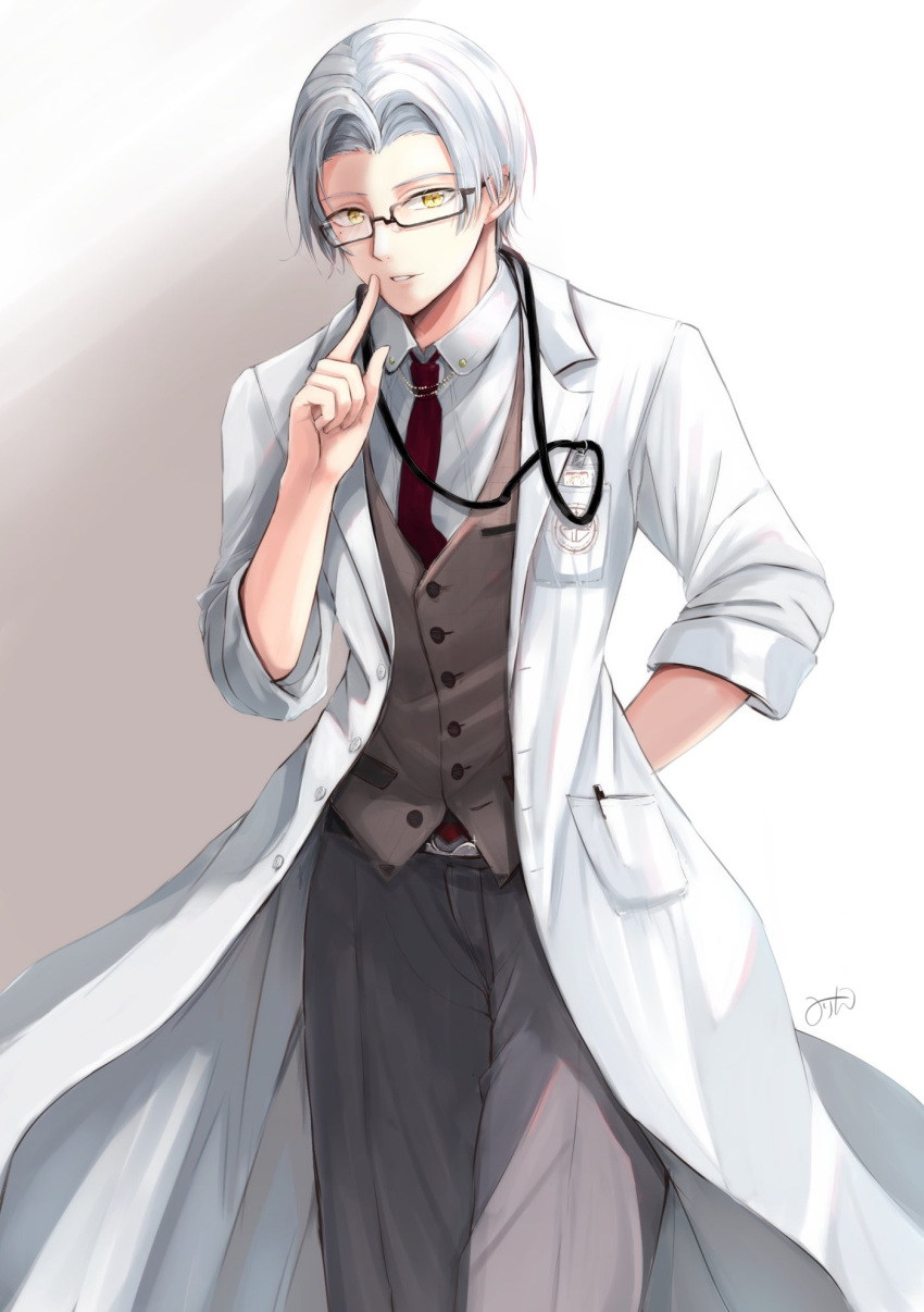 1boy brown_vest doctor forehead glasses grey_hair grey_pants highres jacket long_sleeves male_focus mirin_pengin necktie pants pointing pointing_at_self red_necktie short_hair solo tears_of_themis vest vyn_richter_(tears_of_themis) white_hair white_jacket yellow_eyes