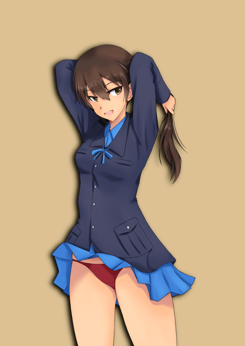 1girl absurdres adjusting_hair angela_salas_larrazabal arms_behind_head blue_jacket blue_shirt blue_skirt breasts brown_eyes brown_hair english_commentary highres isosceles_triangle_(xyzxyzxyz) jacket long_hair looking_at_viewer medium_breasts panties red_panties shirt skirt smile solo strike_witches strike_witches:_kurenai_no_majo-tachi tan tan_background thighs underwear wind wind_lift world_witches_series