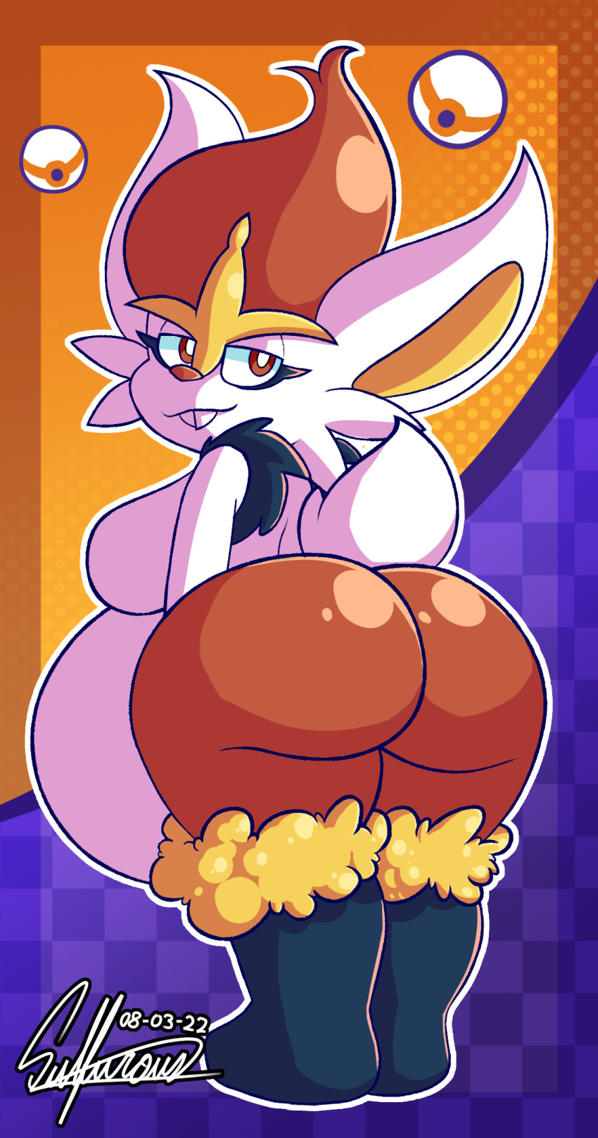 2022 anthro belly big_belly big_breasts big_butt breasts butt cinderace digital_media_(artwork) female fur generation_8_pokemon ghostlyfoxy hi_res hyper hyper_belly inflation lagomorph leporid long_ears looking_at_viewer looking_back mammal nintendo nude pokemon pokemon_(species) pokemon_unite rear_view red_eyes signature smile smug solo standing teeth thick_thighs video_games white_body white_fur wide_hips