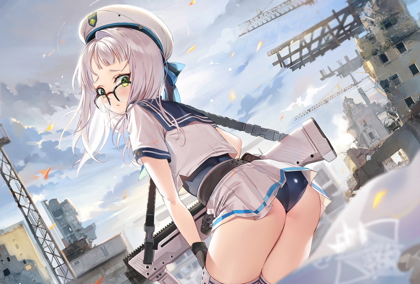 1girl 2022 bangs blue_one-piece_swimsuit blush closed_mouth cloud cloudy_sky emyo goddess_of_victory:_nikke gun hat highres leaning_forward looking_at_viewer looking_back neon_(nikke) one-piece_swimsuit outdoors pleated_skirt shirt skirt sky solo swimsuit weapon white_hair white_shirt white_skirt