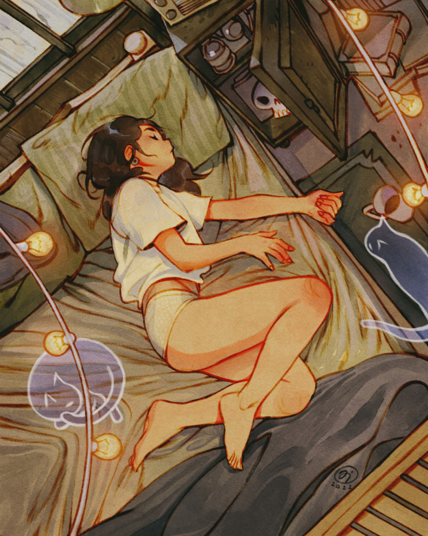 1girl animal artist_logo bare_legs barefoot bed bedroom blanket book brown_hair cabinet cat closed_eyes closed_mouth cup dated drink dutch_angle ear_piercing from_above from_side full_body ghost highres indoors legs light_bulb long_hair lying midriff_peek mug muted_color no_pants on_bed on_side original outstretched_arm panties pet piercing pillow plug_(piercing) profile rug scenery shirt short_sleeves simz skull sleeping solo string_of_light_bulbs t-shirt thighs toes transparent u_u underwear wainscoting white_panties white_shirt
